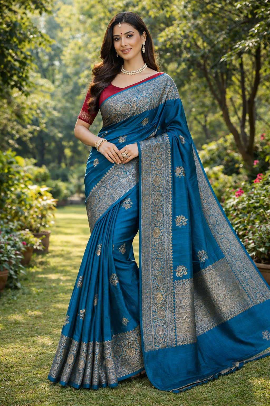 Teal Blue Pure Raw Tussar Banarasi Silk Saree, Hand Woven Motifs With Unstiched Blouse