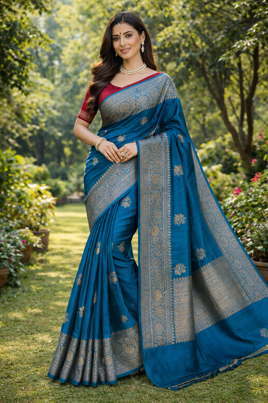 Teal Blue Pure Raw Tussar Banarasi Silk Saree, Hand Woven Motifs With Unstiched Blouse