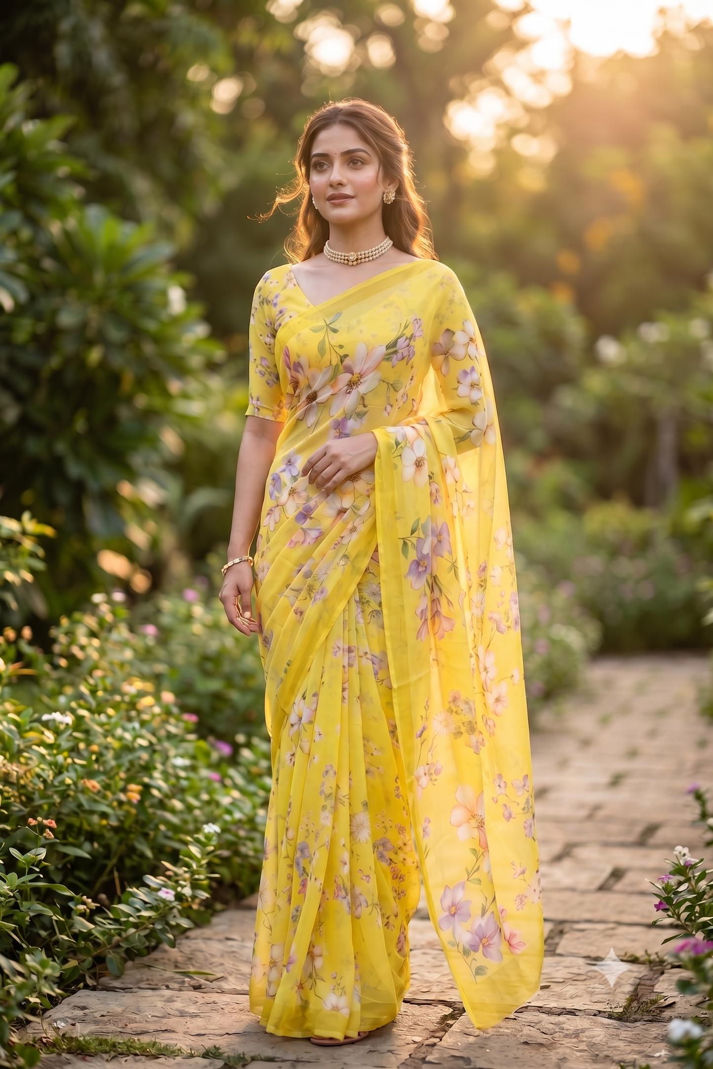 Yellow Floral Printed Chiffon Saree, With Unstiched Blouse Piece