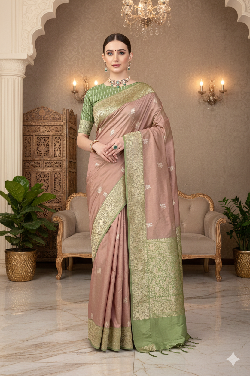 Dusty Peach Katan Banarasi Saree Hand Woven Work, With Unstiched Blouse