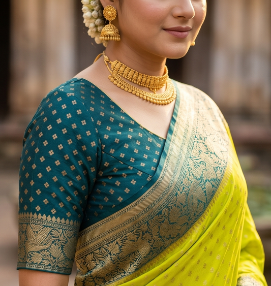 Lime green crepe Khaddi Banarasi silk saree with intricate zari work and matching unstiched blouse, traditional wear by Saarang Sarees.