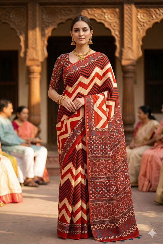 Off-White & Red Pure Modal Silk Ajrakh Printed Saree With Unstiched Blouse