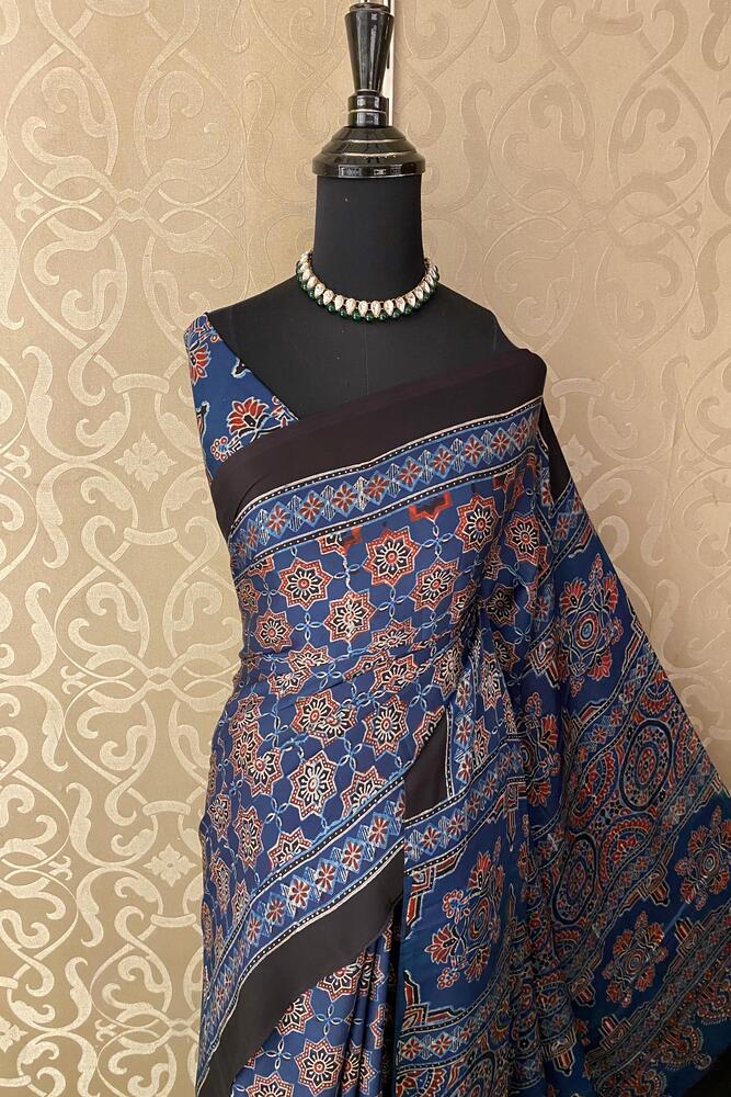 Indigo Blue Pure Modal Silk Ajrakh Printed Saree With Unstiched Blouse