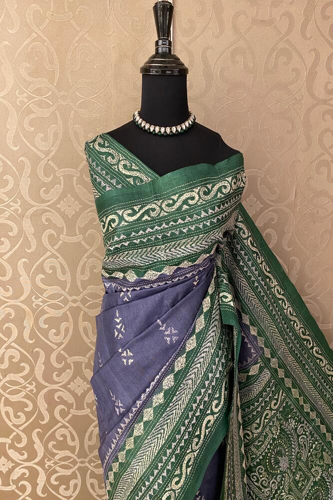 Light Violet Tussar Embroidery Saree With Kantha Work Border, With Unstitched Blouse