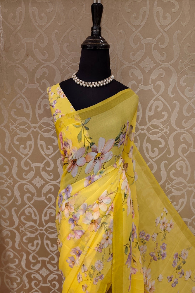 Yellow Floral Printed Chiffon Saree, With Unstiched Blouse Piece