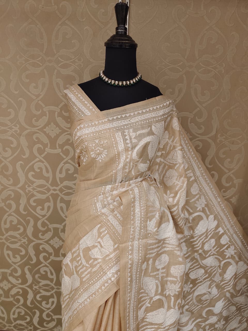 Beige Tussar Embroidery Saree With Kantha Work Border, With Unstitched Blouse