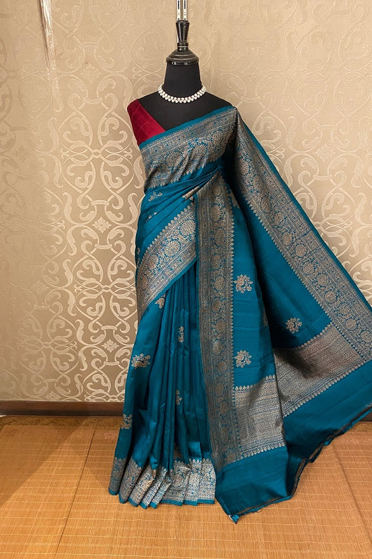 Teal Blue Pure Raw Tussar Banarasi Silk Saree, Hand Woven Motifs With Unstiched Blouse