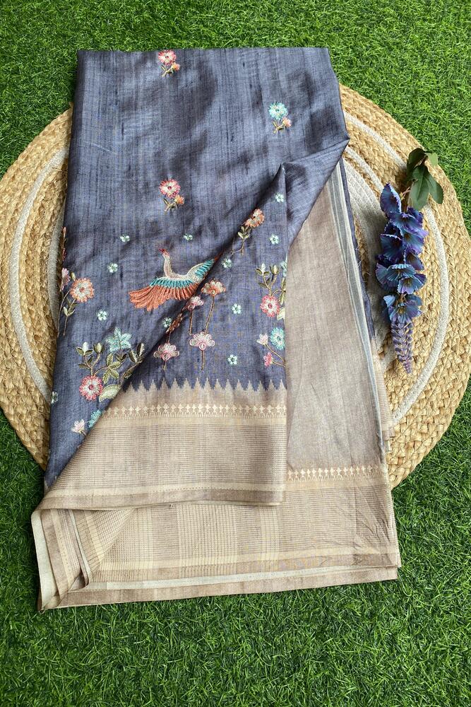Blue Tussar Cotton Resham Work Saree, With Unstiched Blouse