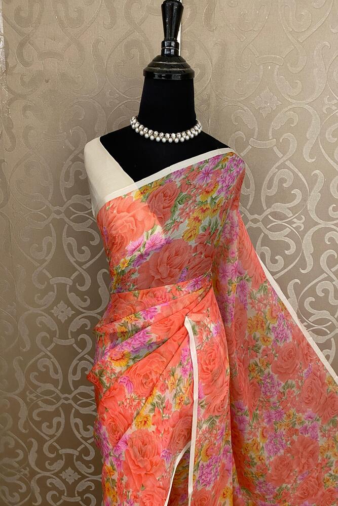 Saffron Green Floral Printed Chiffon Saree, With Unstiched Blouse Piece
