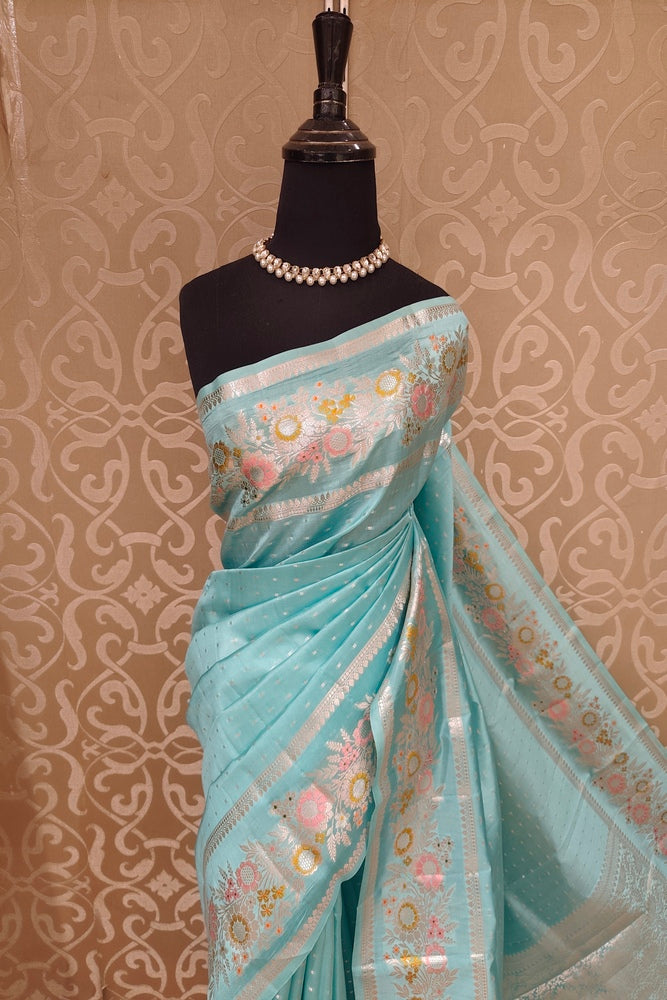 Sky Chiniya Silk Saree Hand Woven Butas, With Unstiched Blouse