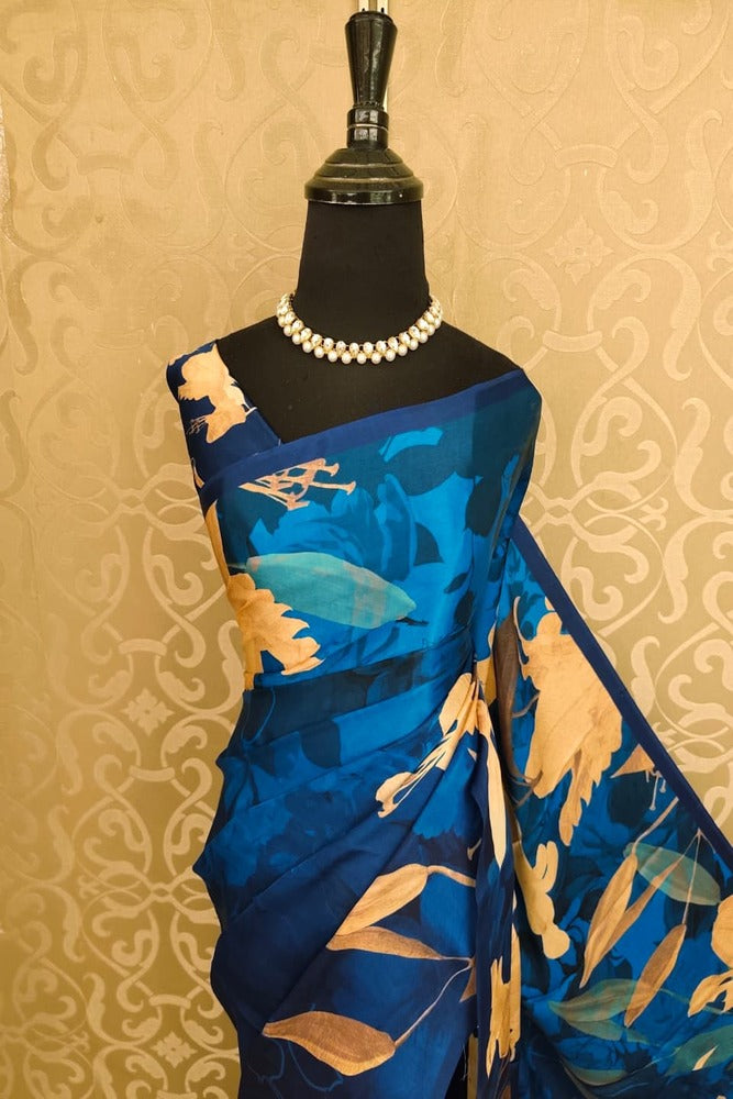 Dark Blue Floral Printed Satin Crepe Saree, With Unstiched Blouse
