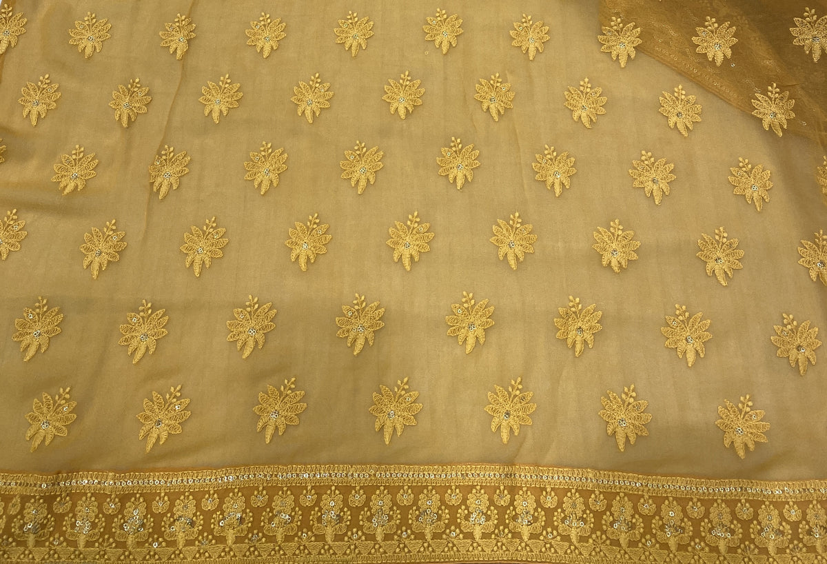 Mustard Yellow Georgette Chikankari Embroidery Saree, With Unstitched Blouse