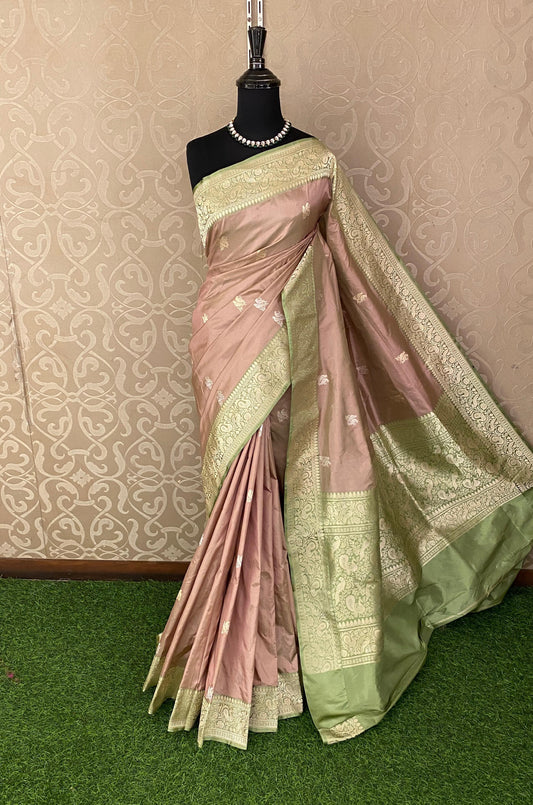 Dusty Peach Katan Banarasi Saree Hand Woven Work, With Unstiched Blouse