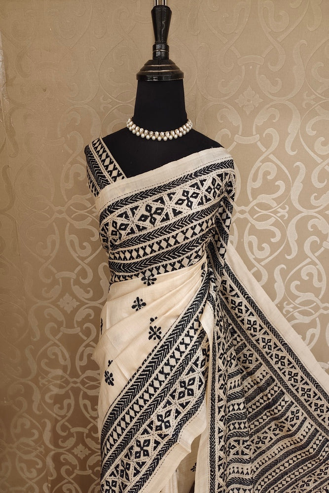 Off-White Tussar Embroidery Saree With Kantha Work Border, With Unstitched Blouse