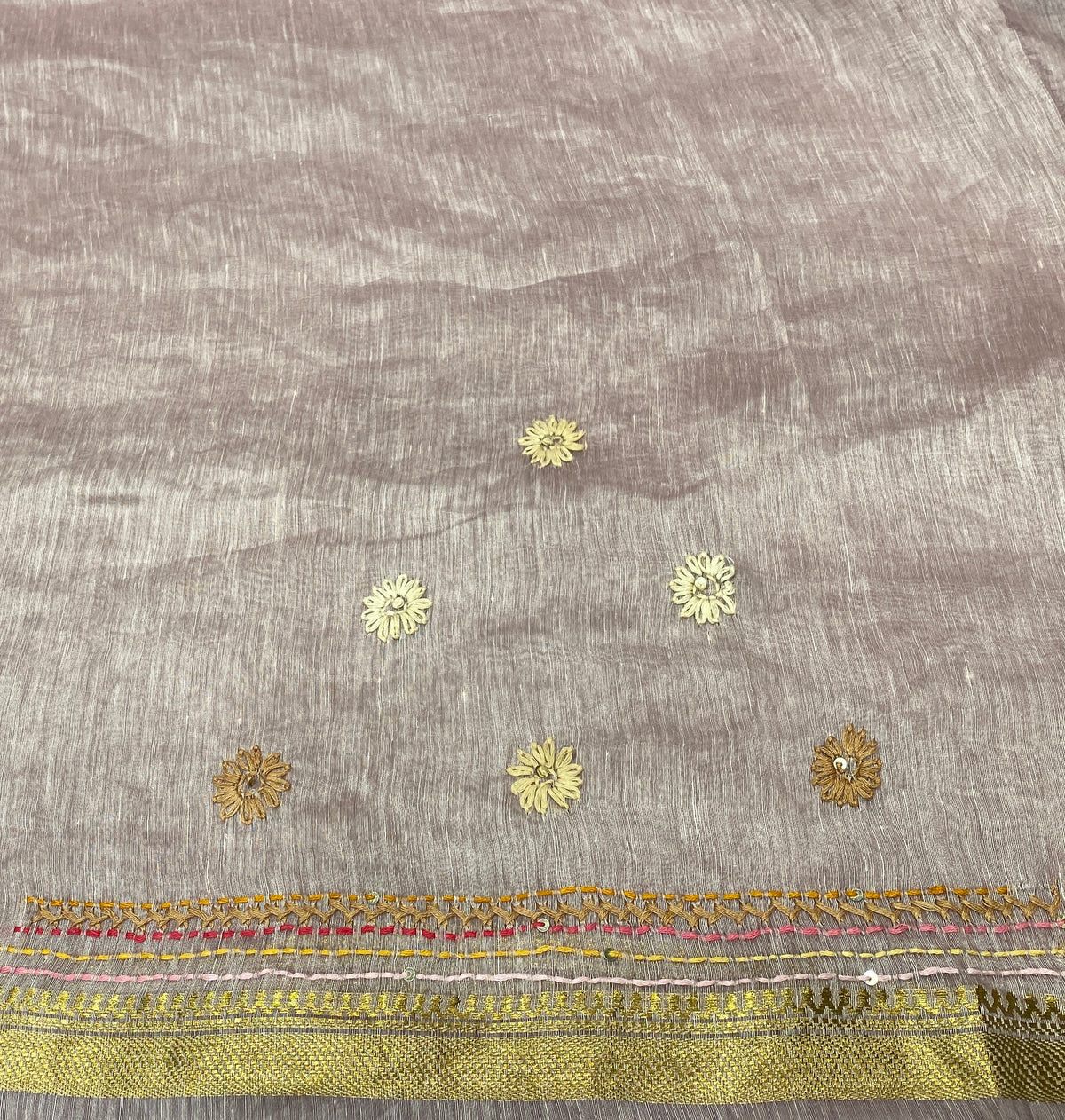 Mauve Linen Silk Saree Hand Embroidered Work, With Unstiched Blouse