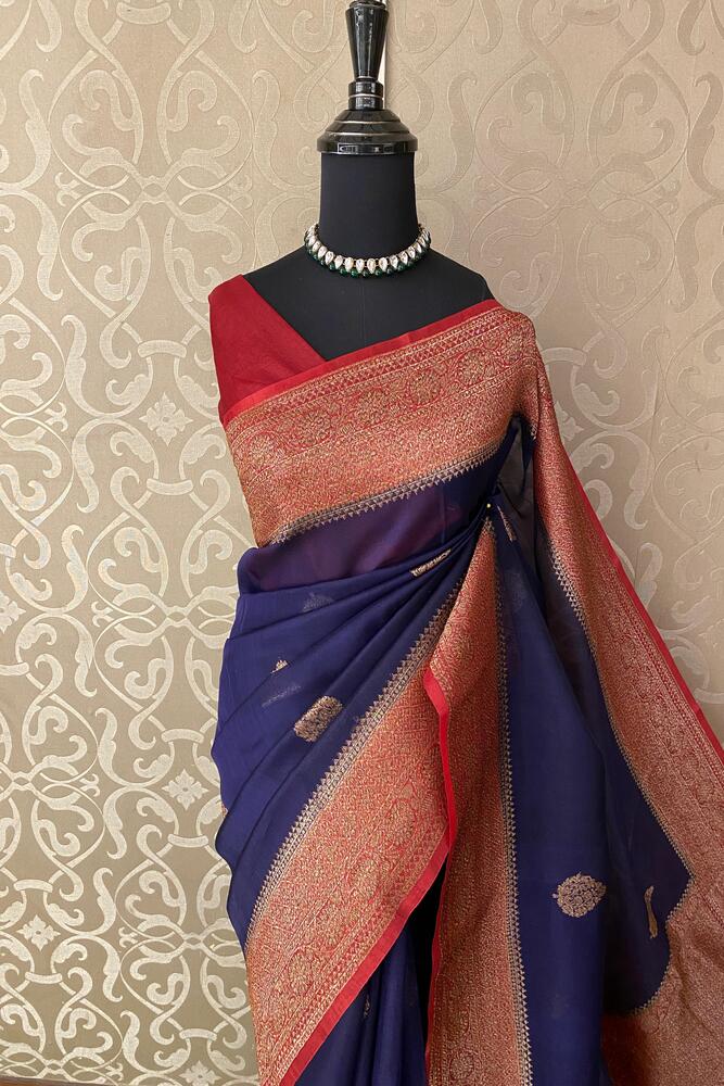 Navy Blue Kora Banarasi Silk Saree, With Unstiched Blouse