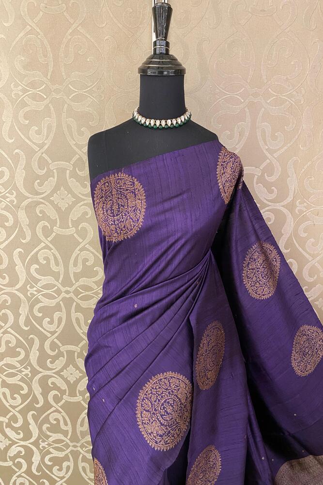 Violet Pure Raw Tussar Banarasi Silk Saree, Hand Woven Motifs With Unstiched Blouse