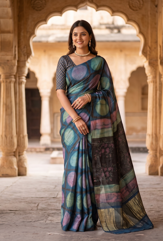 Multi Pure Modal Silk Ajrakh Printed Saree With Unstich Blouse