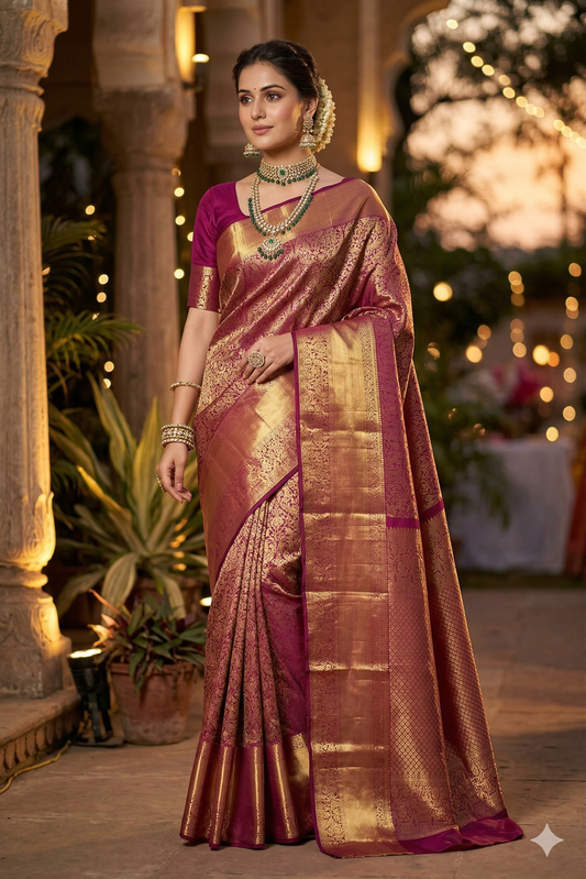 Deep purple pure Kanjeevaram silk saree by Saarang Sarees with unstiched blouse, traditional Indian wear with intricate gold zari work.