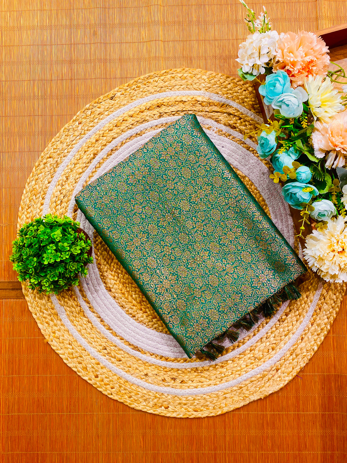 Deep Green Semi Katan Brocade Silk Saree, With Unstiched Blouse