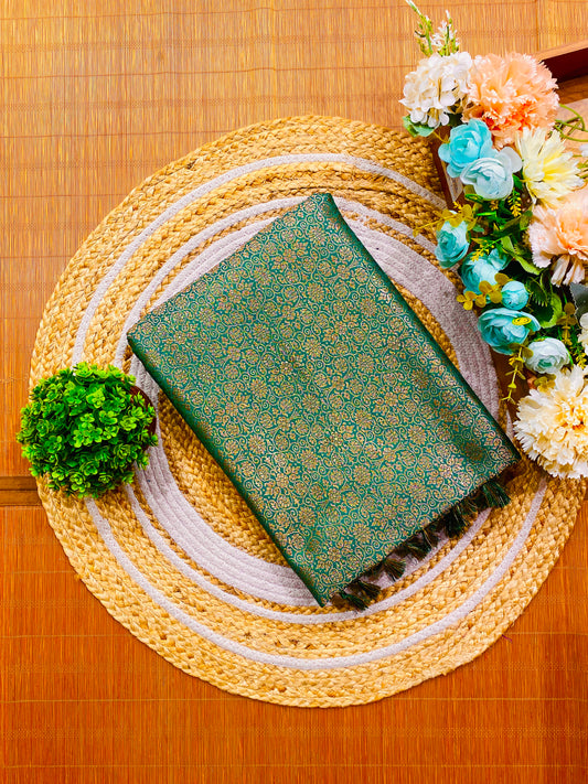 Deep Green Semi Katan Brocade Silk Saree, With Unstiched Blouse