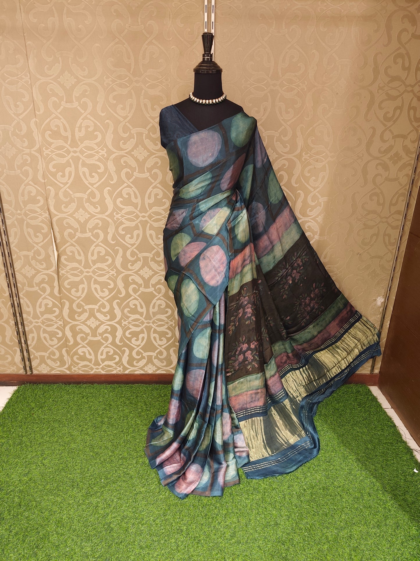 Multi Pure Modal Silk Ajrakh Printed Saree With Unstich Blouse