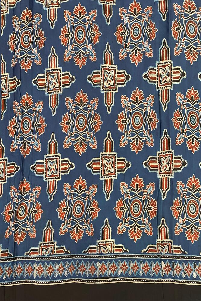 Indigo Blue Pure Modal Silk Ajrakh Printed Saree With Unstiched Blouse