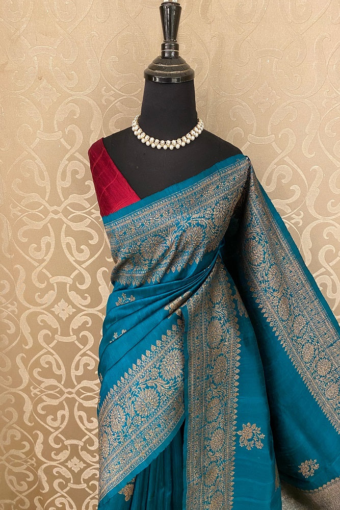 Teal Blue Pure Raw Tussar Banarasi Silk Saree, Hand Woven Motifs With Unstiched Blouse