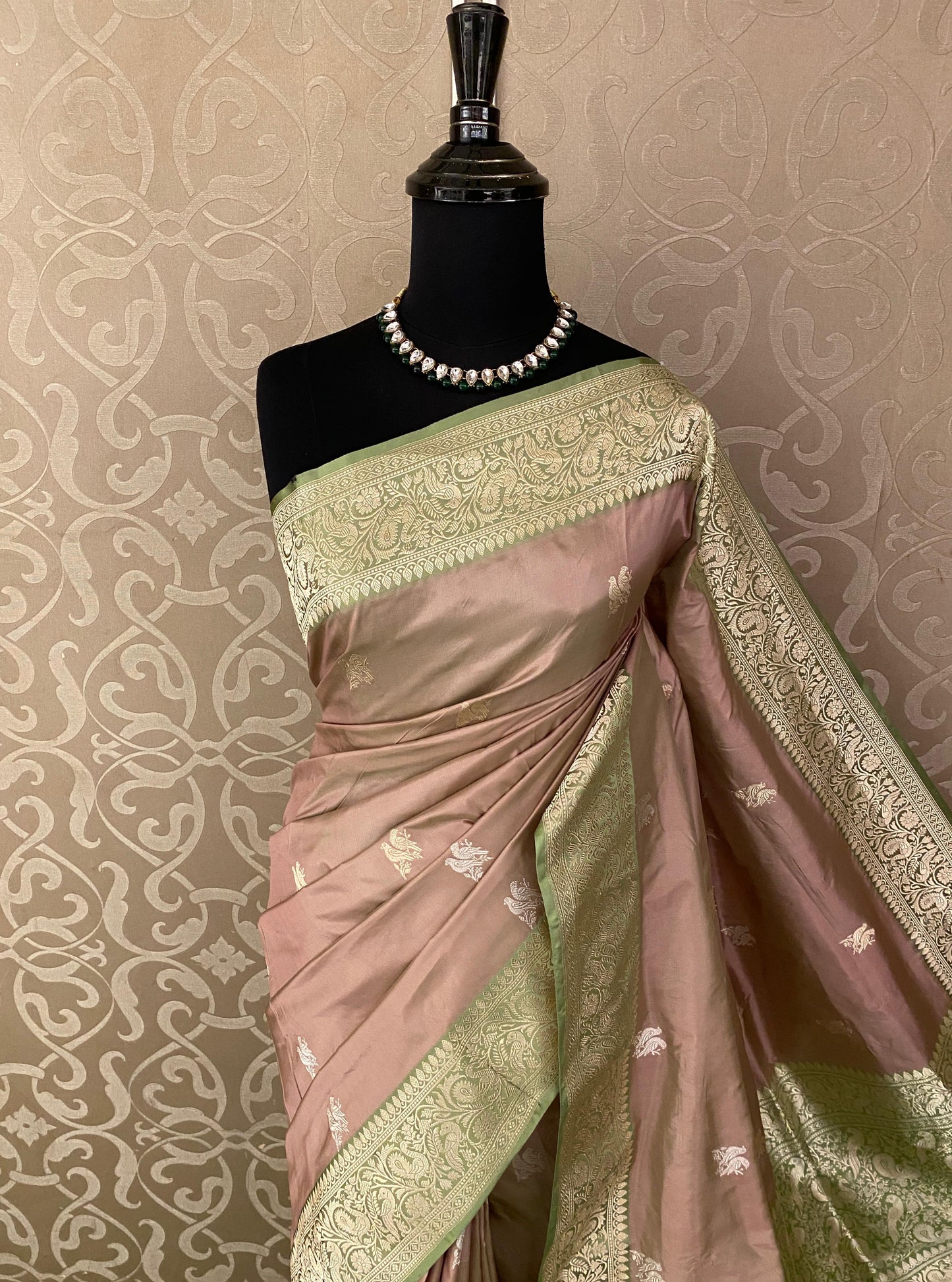 Dusty Peach Katan Banarasi Saree Hand Woven Work, With Unstiched Blouse