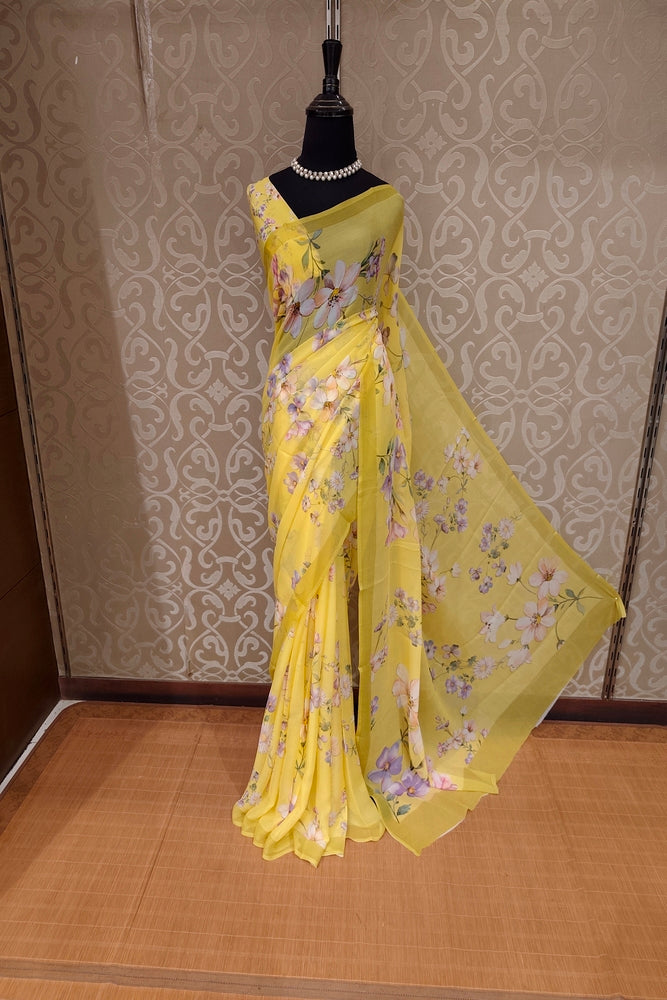 Yellow Floral Printed Chiffon Saree, With Unstiched Blouse Piece