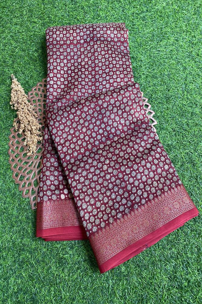 Maroon cotton Chanderi saree with traditional design, paired with unstiched blouse, from Saarang Sarees.