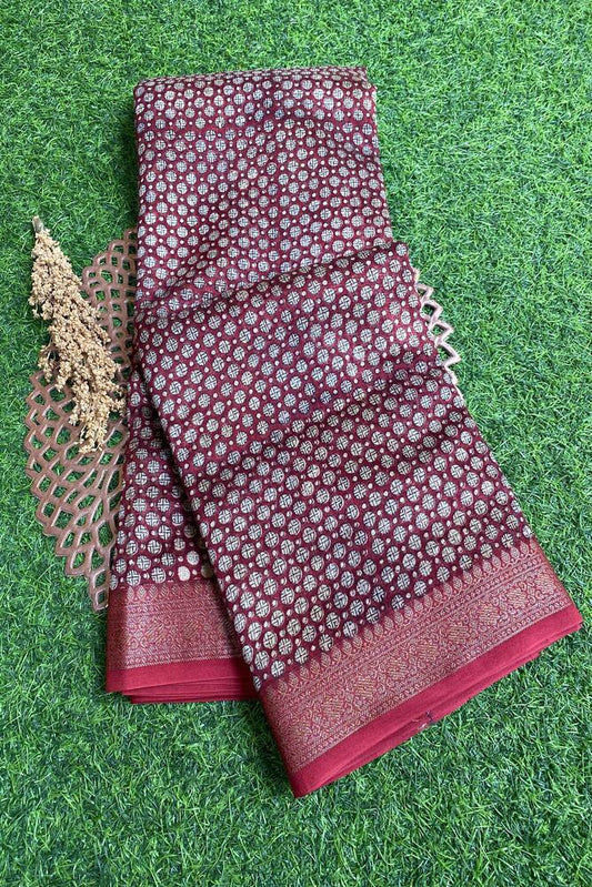 Maroon cotton Chanderi saree with traditional design, paired with unstiched blouse, from Saarang Sarees.