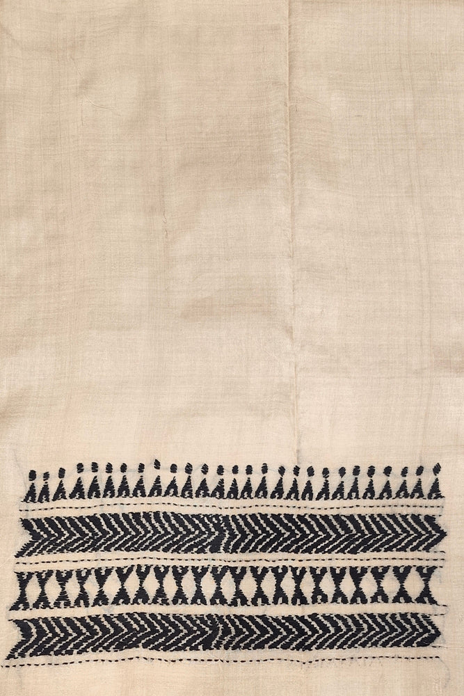 Off-White Tussar Embroidery Saree With Kantha Work Border, With Unstitched Blouse