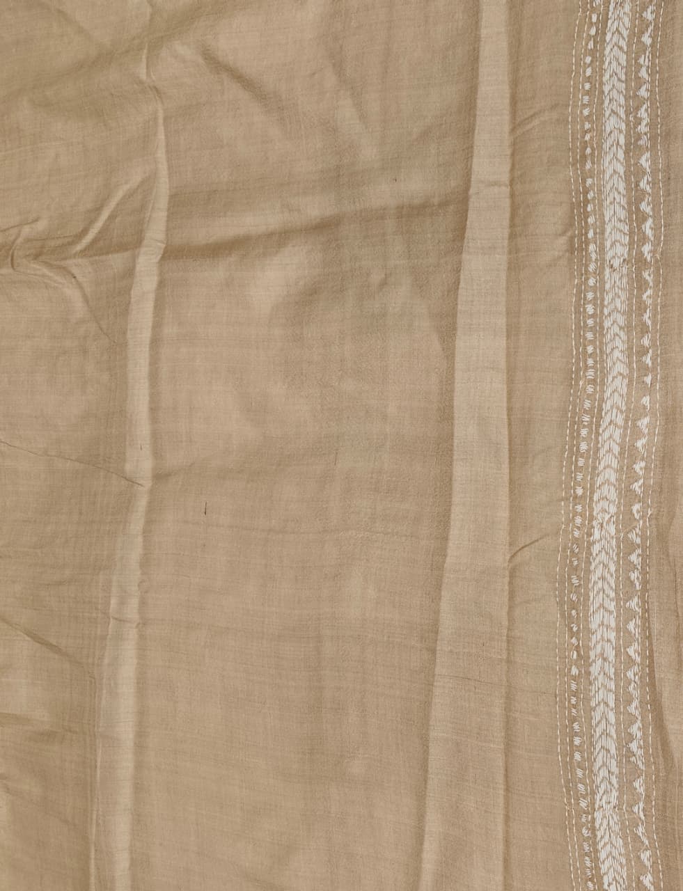 Beige Tussar Embroidery Saree With Kantha Work Border, With Unstitched Blouse