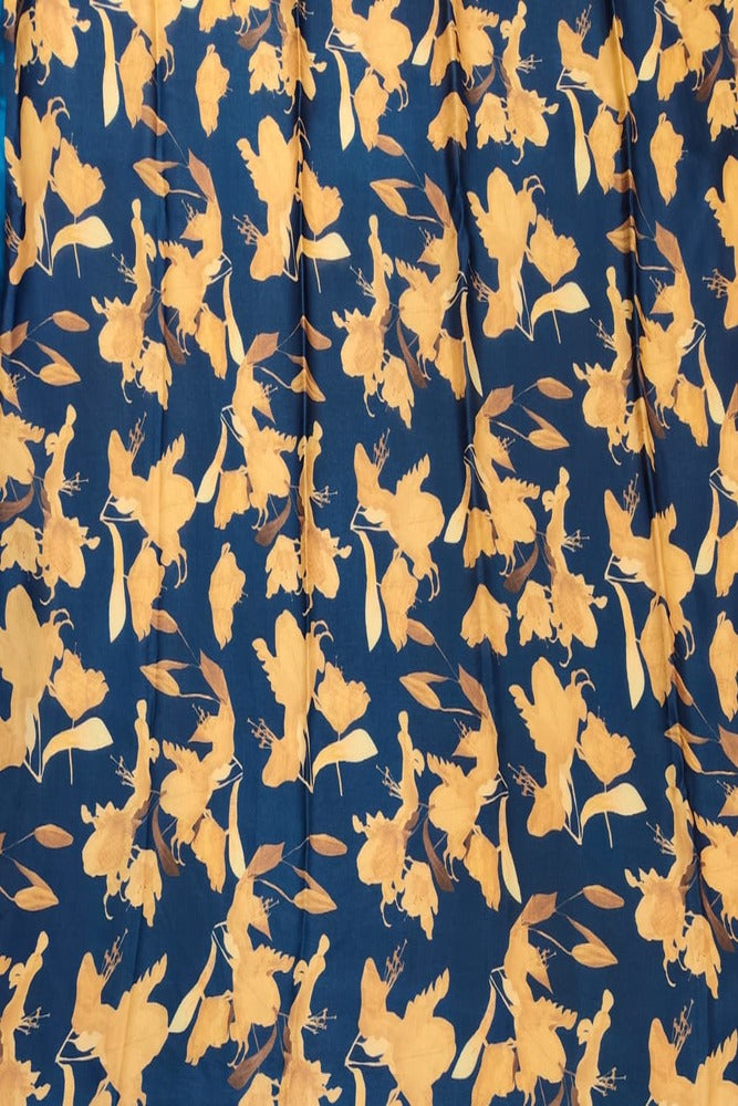 Dark Blue Floral Printed Satin Crepe Saree, With Unstiched Blouse