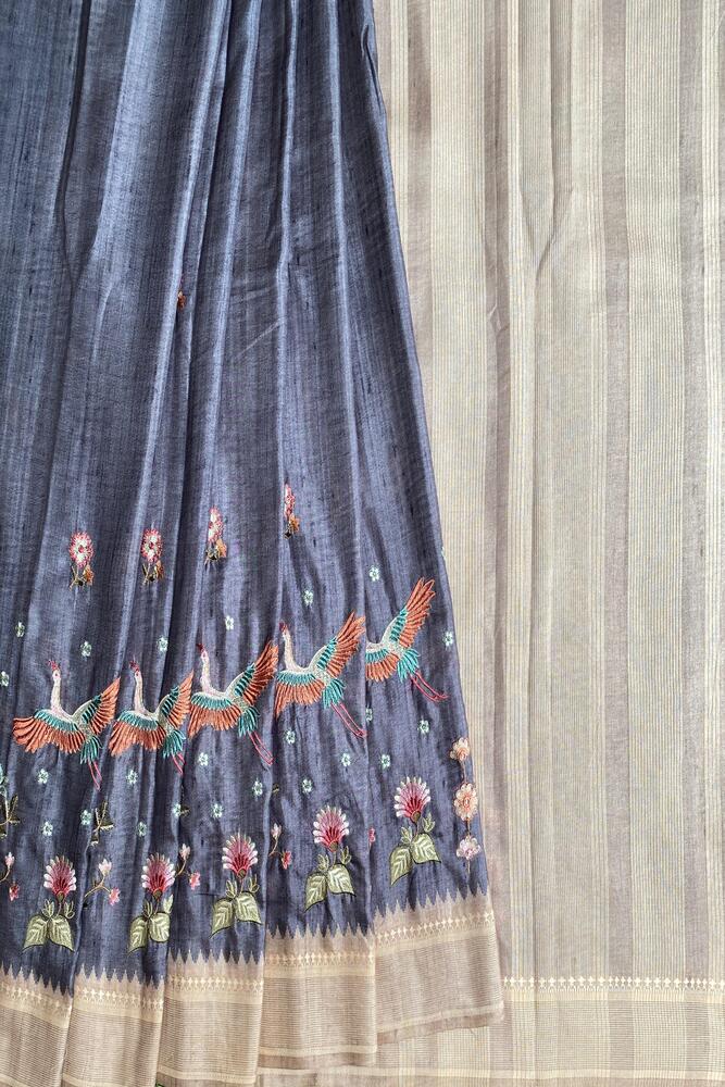 Blue Tussar Cotton Resham Work Saree, With Unstiched Blouse