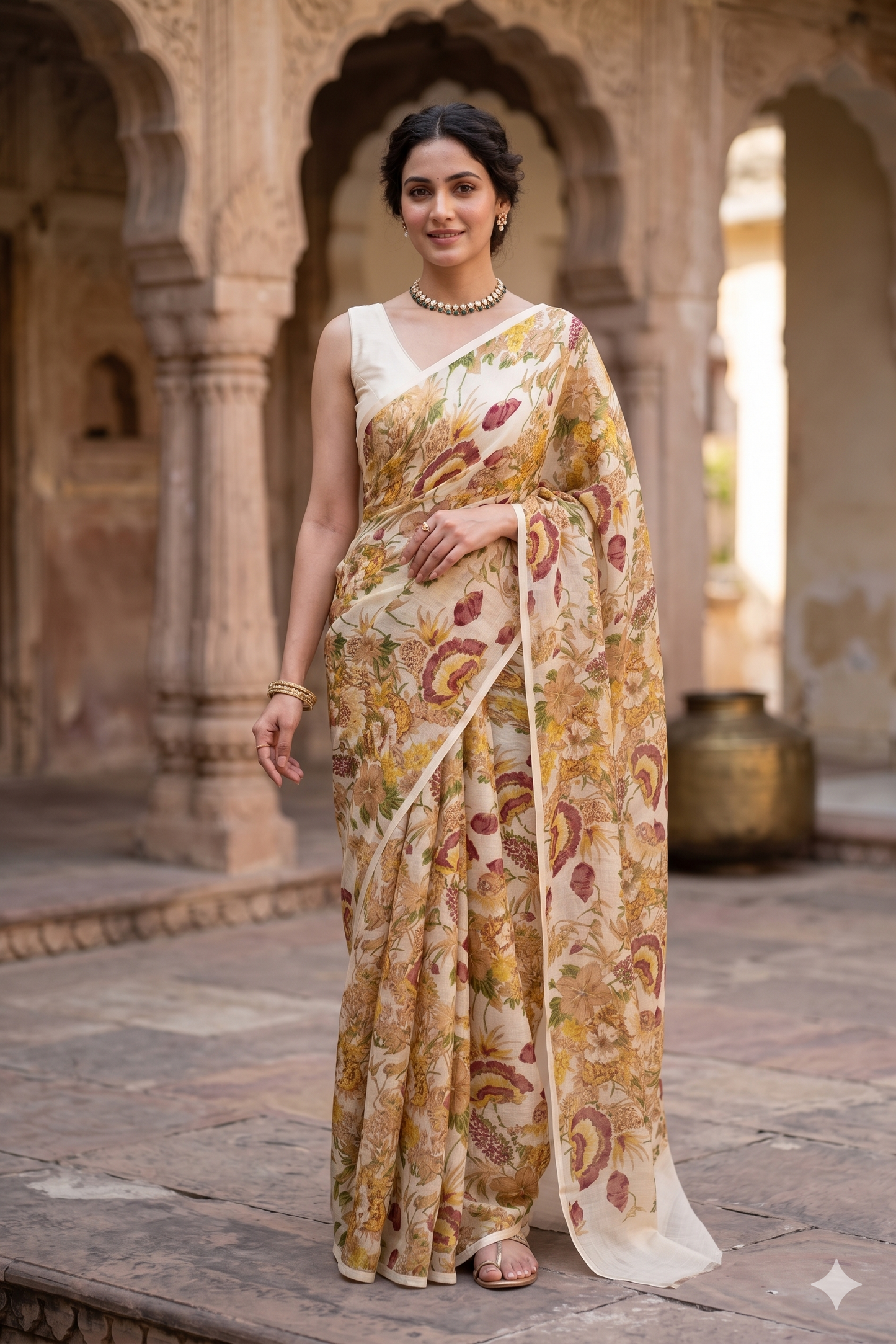 Off-White Floral Printed Chiffon Saree, With Unstiched Blouse Piece