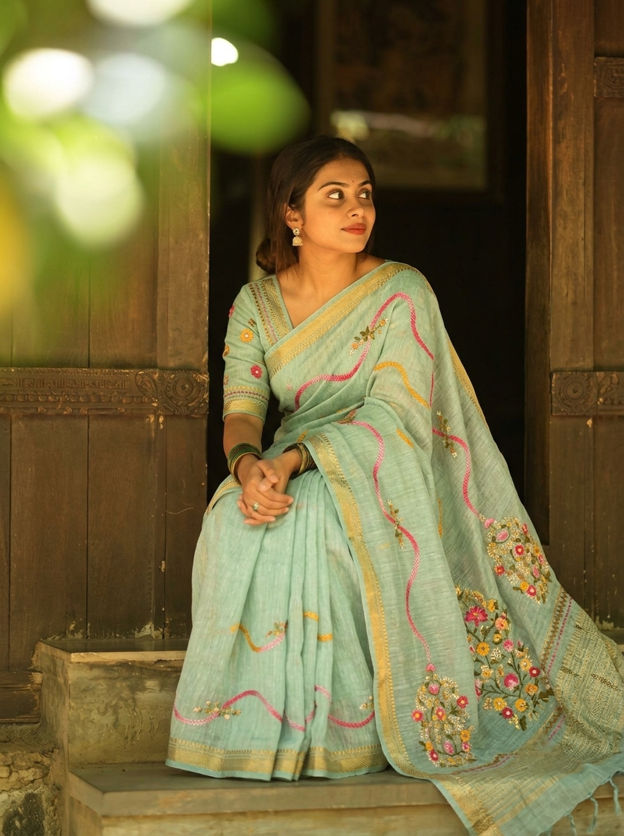 Sea Green Linen Silk Saree Hand Embroidered Work, With Unstiched Blouse