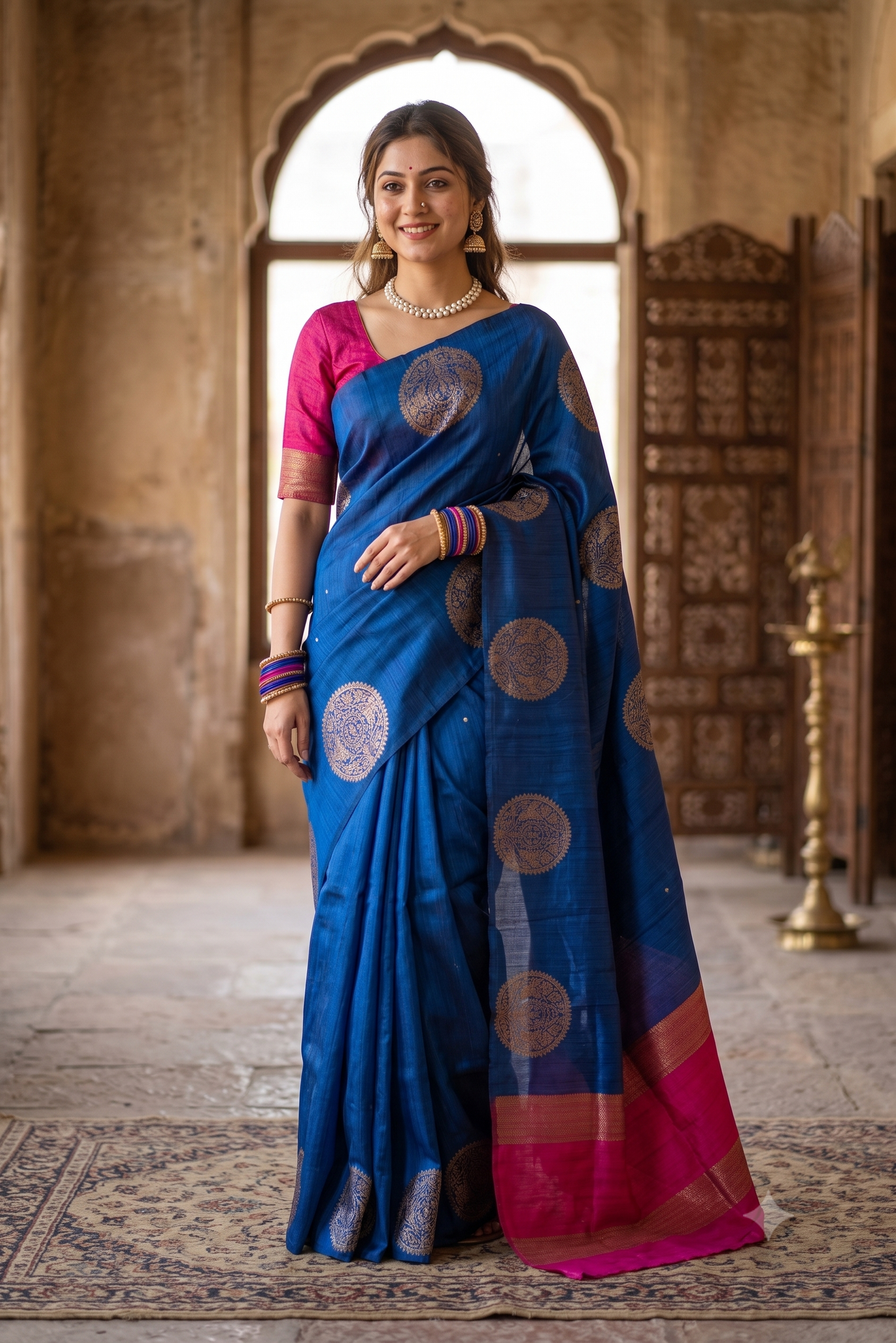 Royal Blue Pure Raw Tussar Banarasi Silk Saree, Hand Woven Motifs With Unstiched Blouse