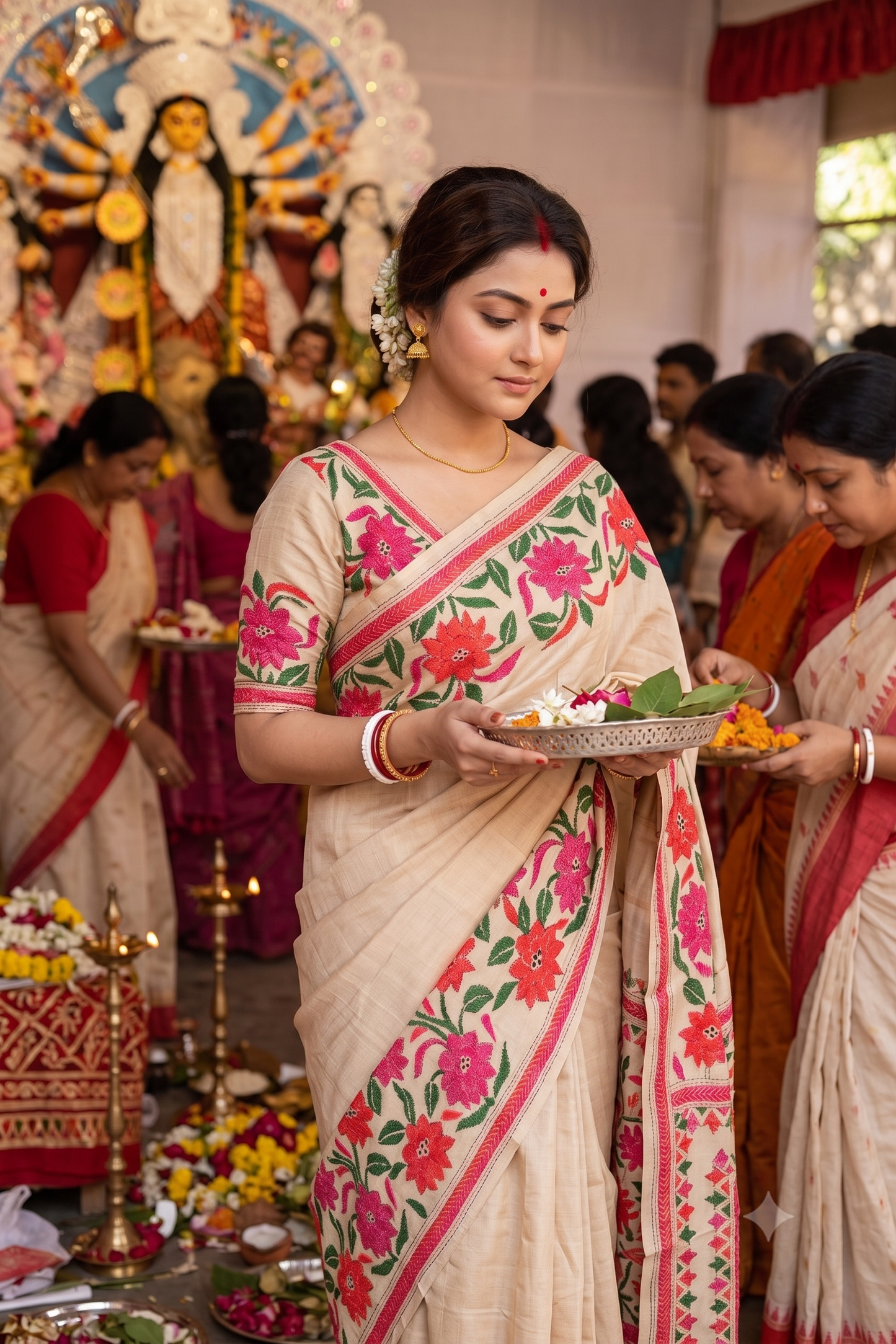 Off-White Tussar Embroidery Saree With Kantha Work Border, With Unstitched Blouse