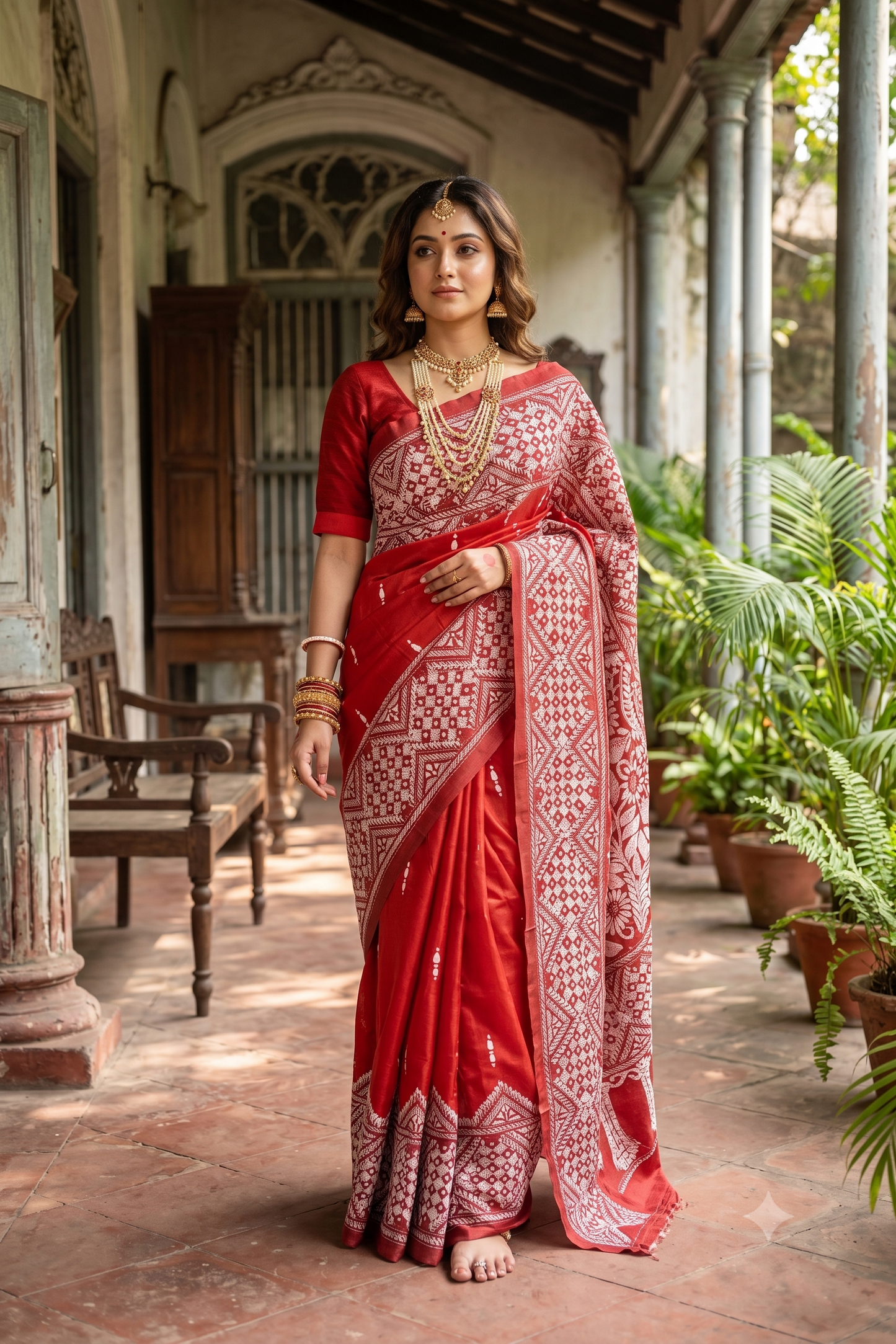 Red Tussar Embroidery Saree With Kantha Work Border, With Unstitched Blouse