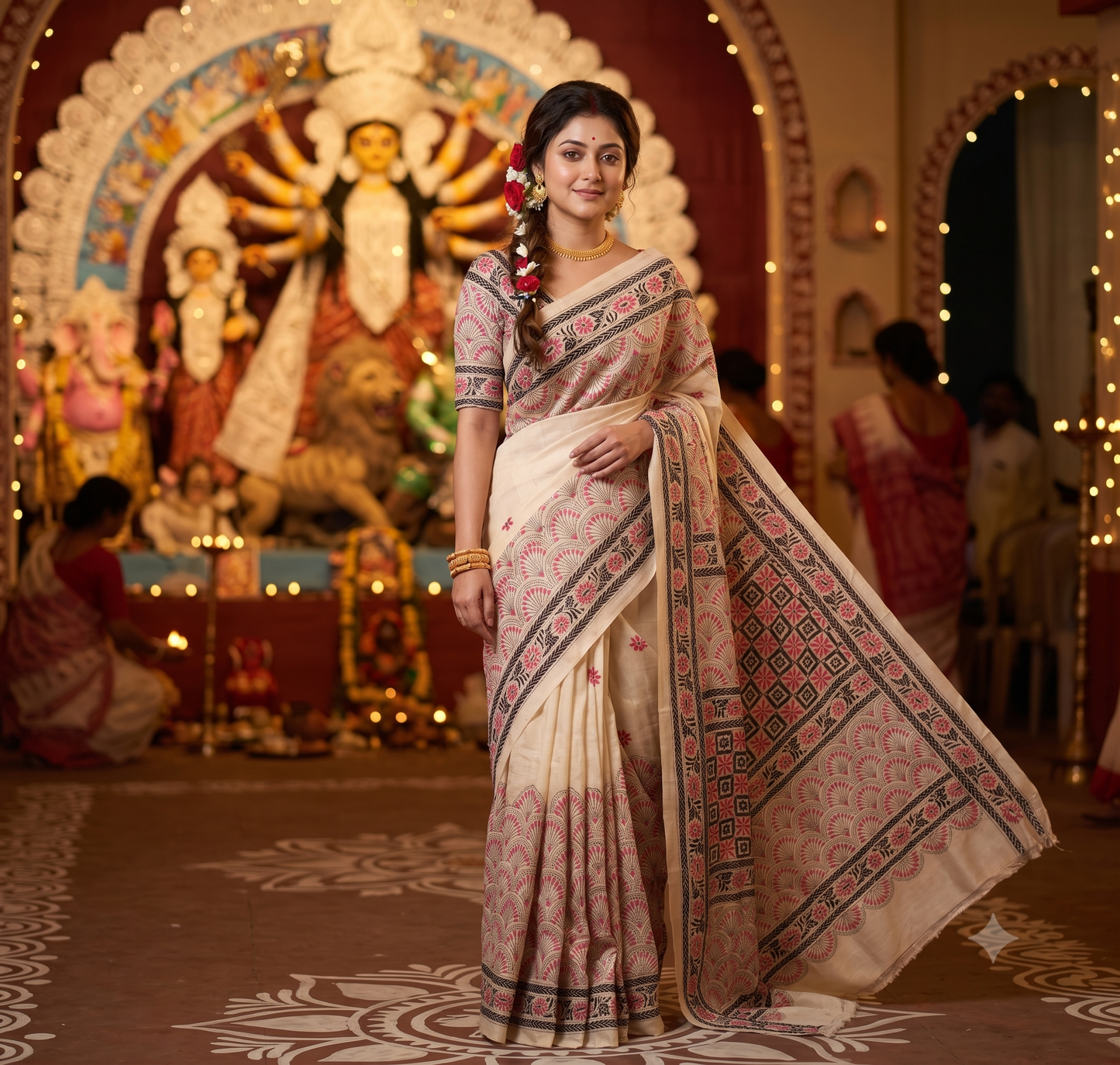 Beige Tussar Embroidery Saree With Kantha Work Border, With Unstitched Blouse