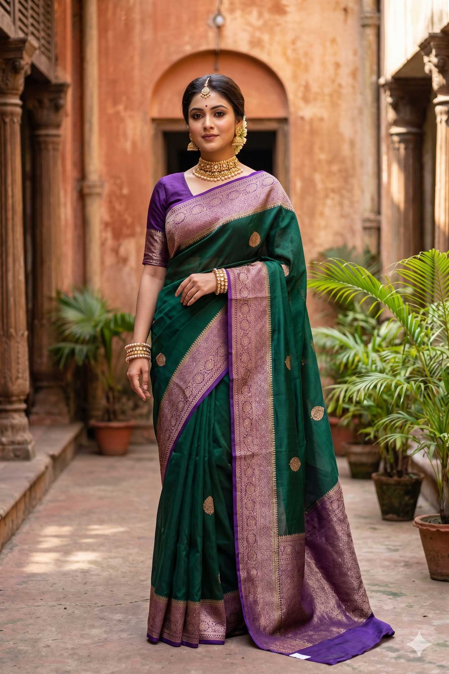 Deep Green Kora Banarasi Silk Saree, With Unstiched Blouse