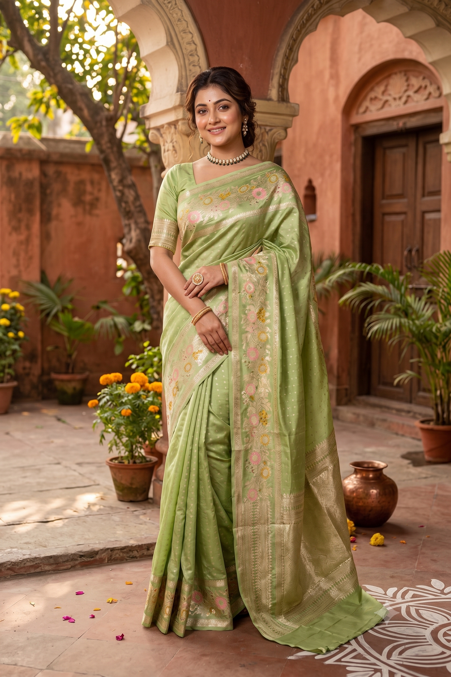 Pista Green Chiniya Silk Saree Hand Woven Butas, With Unstiched Blouse