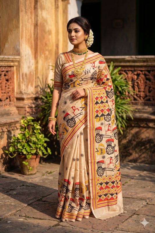 Beige Tussar embroidery saree with Kantha work border and matching unstitched blouse, traditional wear from Saarang Sarees.