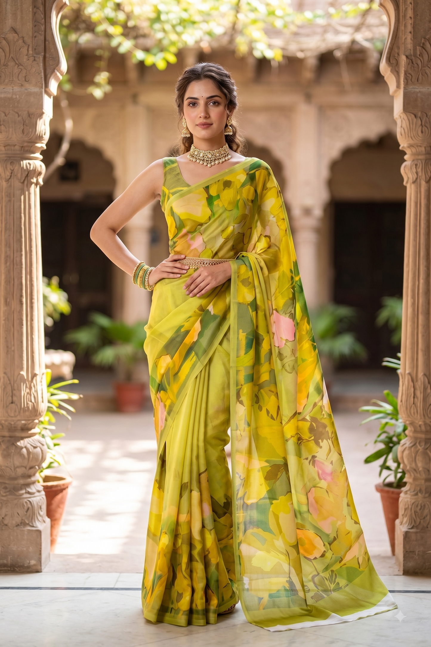 Lime Yellow & Multi Floral Printed Satin Crepe Saree, With Unstiched Blouse