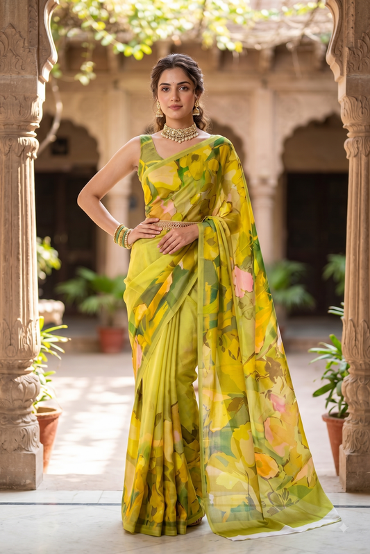 Lime yellow and multicolor floral printed satin crepe saree with unstiched blouse, perfect for party wear by Saarang Sarees.