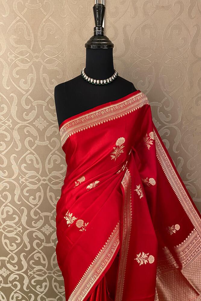 Cherry Red Mashru Silk Banarasi Handloom Saree, With Unstiched Blouse