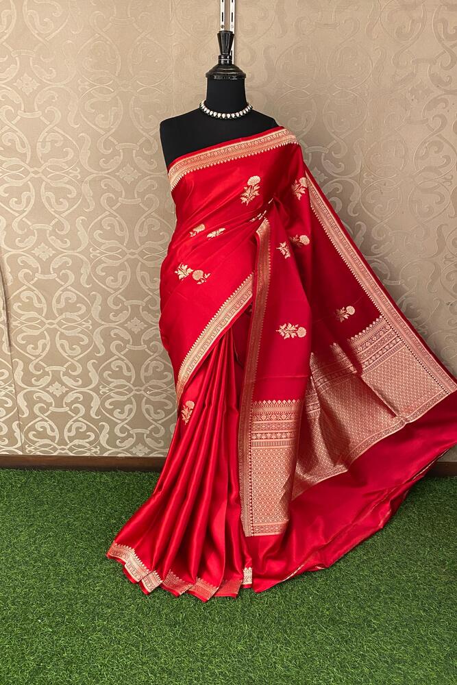 Cherry Red Mashru Silk Banarasi Handloom Saree, With Unstiched Blouse