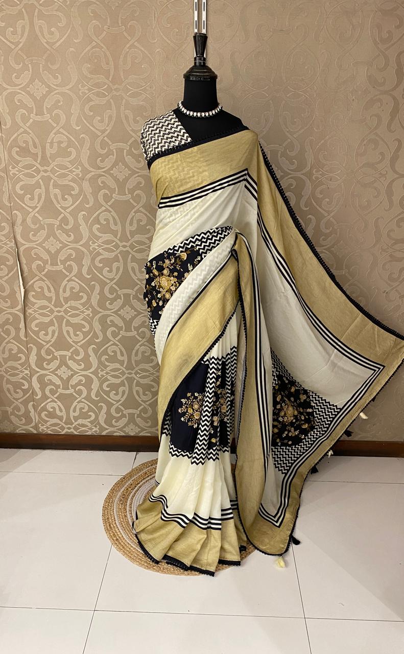 Off-White Munga Silk Saree With Hand Embroidery Work, With Unstiched Blouse